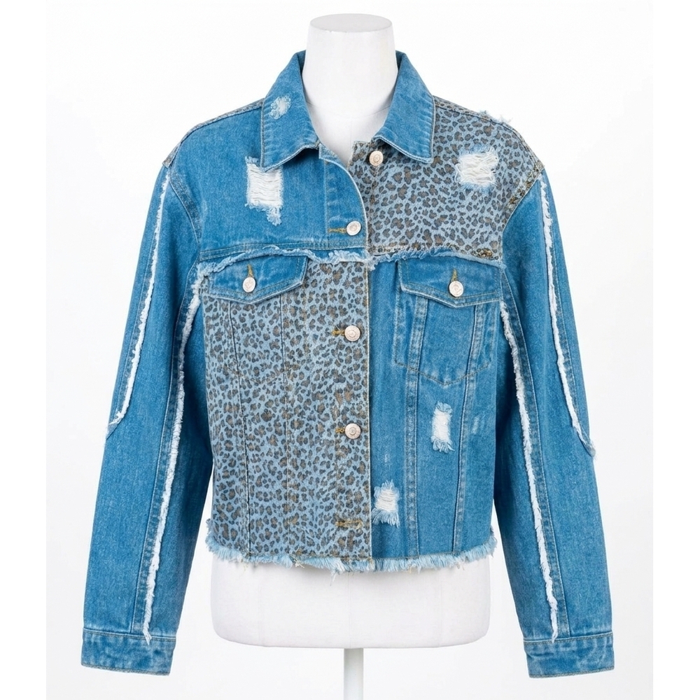NEW WHITE BIRCH leopard frayed denim jacket in blue